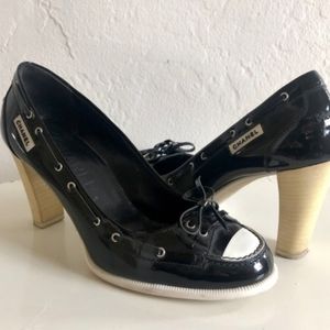Chanel Patent Leather Black & White Loafer Heels